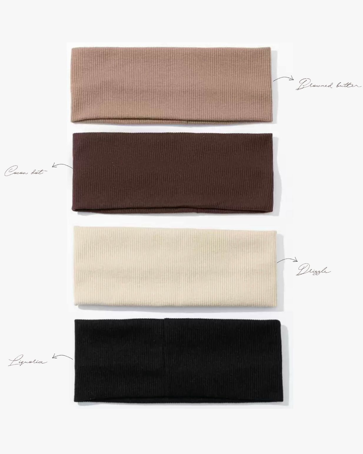 Four headbands in different colors arranged vertically on a white background.